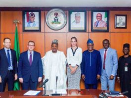 WORLD BANK VISIT… L-R: Lead Economist West Africa-Poverty and Equity; World Bank, Mr Johann Pape; Practice Manager, West and Central Africa, Mr Johan Mistiaen, Minister of Budget and Economic Planning, Senator Abubakar Bagudu; the banks’ Program Leader, Equitable Growth, Finance and Institutions, Ms Bertine Kamphuis; Statistician-General of the Federation; Prince Adeyemi Adeniran; the bank’s Country Director to Nigeria, West and Central Africa Region, Dr Ndiame Diop; and the Director of Plans and Project, Federal Ministry of Budget and Economic Planning, Dr Ken Kwujeli; during the bank official’s visit to the minister on Wednesday, 26/03/25