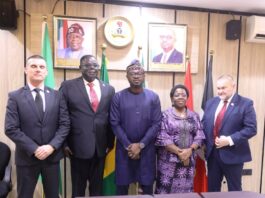 Minister of Interior, Dr. Olubunmi Tunji-Ojo (middle): Lt.Col Tomasz Neumann (left); Dr. Nun Aiyegbusi (2nd left); Permanent Secretary, Ministry of Interior, Dr. Magdalene Ajani (2nd right) and Dr. Dariusz Sielicki (right)