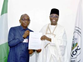 L-R: Director-General, Bureau of Public Procurement, BPP, Dr. Adebowale A. Adedokun, MCIPS, ACFE and the Chairman, Independent Corrupt Practices and other Related Offences Commission, ICPC, Dr. Musa Adamu Aliyu, SAN displaying the copy of the Memorandum of Understanding (MoU) after the signing at the ICPC Headquarters in Abuja