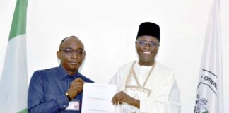 L-R: Director-General, Bureau of Public Procurement, BPP, Dr. Adebowale A. Adedokun, MCIPS, ACFE and the Chairman, Independent Corrupt Practices and other Related Offences Commission, ICPC, Dr. Musa Adamu Aliyu, SAN displaying the copy of the Memorandum of Understanding (MoU) after the signing at the ICPC Headquarters in Abuja