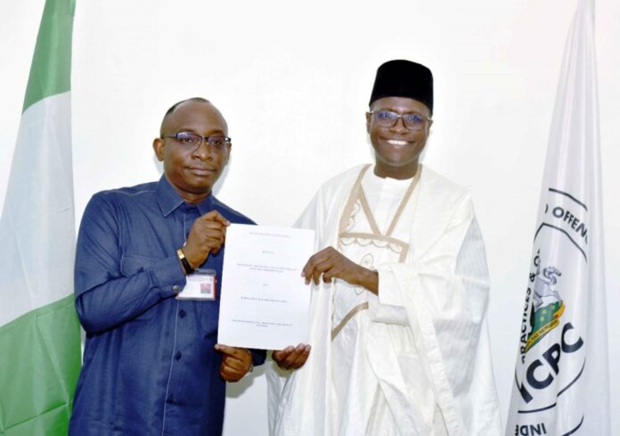 L-R: Director-General, Bureau of Public Procurement, BPP, Dr. Adebowale A. Adedokun, MCIPS, ACFE and the Chairman, Independent Corrupt Practices and other Related Offences Commission, ICPC, Dr. Musa Adamu Aliyu, SAN displaying the copy of the Memorandum of Understanding (MoU) after the signing at the ICPC Headquarters in Abuja