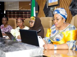 The Head of the Civil Service of the Federation, Mrs. Didi Esther Walson-Jack, OON, mni delivering her speech at the inauguration.
