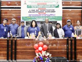 L-R Director Human Resource Management, Mrs. Abosede Alieru Jumoke, Mr. Udeth Michael, ACTU Chairman, Nigeria Security and Civil Defence Corps, Mr. Umar Madu Bah, ACTU/ ICPC Desk Officer, Federal Ministry of Transportation, Director, Special Duties, Mrs. Vivian Nwosu, representative of the Chairman, ICPC, Olusegun Adigun, fsi, Director, Press and Public Relations, Mrs. Janet McDickson, Director, General Services Department, Mr. Ladan Idris Ibrahim and ACTU Chairman, Nigerian Correctional Service, Mrs. Anumoka Agatha, during the workshop.