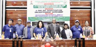 L-R Director Human Resource Management, Mrs. Abosede Alieru Jumoke, Mr. Udeth Michael, ACTU Chairman, Nigeria Security and Civil Defence Corps, Mr. Umar Madu Bah, ACTU/ ICPC Desk Officer, Federal Ministry of Transportation, Director, Special Duties, Mrs. Vivian Nwosu, representative of the Chairman, ICPC, Olusegun Adigun, fsi, Director, Press and Public Relations, Mrs. Janet McDickson, Director, General Services Department, Mr. Ladan Idris Ibrahim and ACTU Chairman, Nigerian Correctional Service, Mrs. Anumoka Agatha, during the workshop.