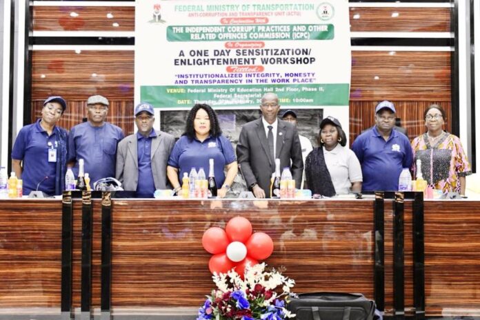 L-R Director Human Resource Management, Mrs. Abosede Alieru Jumoke, Mr. Udeth Michael, ACTU Chairman, Nigeria Security and Civil Defence Corps, Mr. Umar Madu Bah, ACTU/ ICPC Desk Officer, Federal Ministry of Transportation, Director, Special Duties, Mrs. Vivian Nwosu, representative of the Chairman, ICPC, Olusegun Adigun, fsi, Director, Press and Public Relations, Mrs. Janet McDickson, Director, General Services Department, Mr. Ladan Idris Ibrahim and ACTU Chairman, Nigerian Correctional Service, Mrs. Anumoka Agatha, during the workshop.