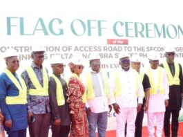 4th right, the representative of the President of the Federal Republic of Nigeria, the governor of Delta State Hon. Sheriff Francis, middle, the Hon. Minister of Works Engr. Nweze David, 3rd right, the Permanent Secretary Federal Ministry of Works, Engr. Olufunso Olusesan Adebiyi and others in a group picture during the official flag-off of the access road to 2nd Niger Bridge connecting Delta State and Anambra State. Date: 24th March, 2025.