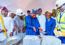 Vice President Kashim Shettima (middle); Lagos State Governor Babajide Sanwo-Olu (2nd from left); Deputy Governor of Lagos State, Obafemi Hamzat (far left); Chairman of First Bank of Nigeria Holdings, Femi Otedola (3rd from right); Managing Director/Chief Executive Officer (MD/CEO) of First Bank, Olusegun Alebiosu (2nd from right); and Ondo State Governor Lucky Aiyedatiwa (far right) during the groundbreaking and official foundation-laying ceremony of First Bank of Nigeria’s (FBN) new 40-story headquarters in Eko Atlantic City, Lagos, on Wednesday, 05/03/2025.