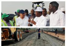 The Minister of Works, H.E., Engr. (Sen.) David Umahi inspects the ongoing construction of Abuja-Kaduna -Zaria-Kano, Section I (Abuja-Kaduna) on Saturday, 1st March, 2025.