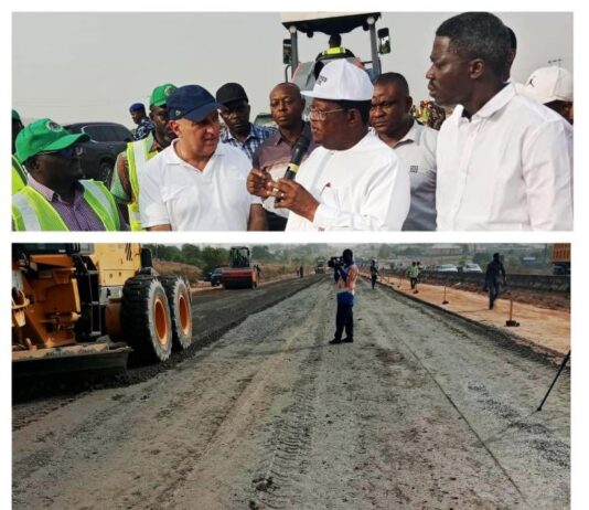 The Minister of Works, H.E., Engr. (Sen.) David Umahi inspects the ongoing construction of Abuja-Kaduna -Zaria-Kano, Section I (Abuja-Kaduna) on Saturday, 1st March, 2025.