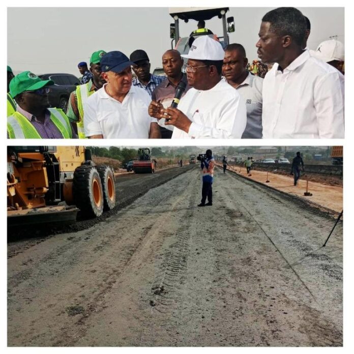 The Minister of Works, H.E., Engr. (Sen.) David Umahi inspects the ongoing construction of Abuja-Kaduna -Zaria-Kano, Section I (Abuja-Kaduna) on Saturday, 1st March, 2025.