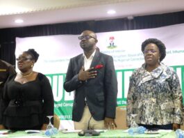 L-R: Dr. Uju Agomoh, Secretary of the Panel ; Hon. Minister of Interior, Dr. Olubunmi Tunji-Ojo and Permanent Secretary, Ministry of Interior, Dr. Magdalene Ajani, during the public hearing on alleged corruption and other violations in the Correctional Service.