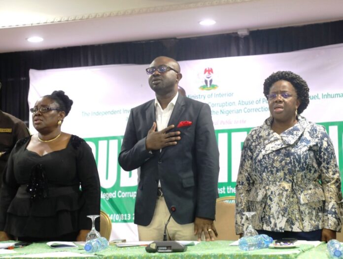 L-R: Dr. Uju Agomoh, Secretary of the Panel ; Hon. Minister of Interior, Dr. Olubunmi Tunji-Ojo and Permanent Secretary, Ministry of Interior, Dr. Magdalene Ajani, during the public hearing on alleged corruption and other violations in the Correctional Service.