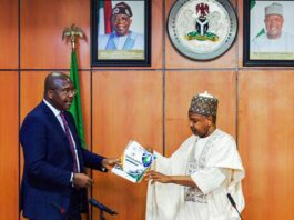 President, Abuja Chamber of Commerce and Industry, Dr. Emeka Obegolu SAN (left) and Minister of Budget and Economic Planning, Senator Abubakar Bagudu, during the visit of the ACCI to the Ministry in Abuja, yesterday