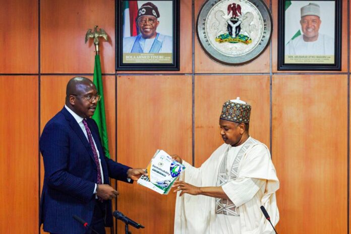 President, Abuja Chamber of Commerce and Industry, Dr. Emeka Obegolu SAN (left) and Minister of Budget and Economic Planning, Senator Abubakar Bagudu, during the visit of the ACCI to the Ministry in Abuja, yesterday