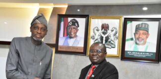 L-R, the Director General, NIPSS, Prof. Ayo Omotayo received the National Agricultural Policy Document from the Permanent Secretary, FMAFS, Dr Marcus Olaniyi Ogunbiyi, during the courtesy visit.