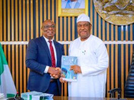 Secretary to the Government of the Federation, Sen. George Akume, fnim, CON, receives on courtesy call members of the Governing Council of Nigeria Economic Society (NES) led by its President, Prof. Adeola Adenikinju, on Tuesday, 29th April, 2025 in Abuja.