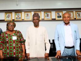 The Perm. Sec. FMITI, represented by Dir. Reform Co-ordination Dept FMITI, Mr Naziru Abbas Mohammed (middle) , the Director Service Innovation Dept. Office of the Head of Service, Mrs Felicia Ugoji (left) and the Deputy Director, Service Innovation Dept. Office of the Head of Service, Mr Henry Nwaedo (right) during the Inauguration of FMITI arm of the Ministerial Committee on Service Innovation.