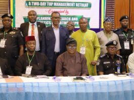 Director Planning Research and Statistics (MPA), Dr Osuake John Chidi; Secretary, Police Service Commission, Chief Onyebucji Nnamani, Permanent Secretary, Dr Anuma Ogbonnaya Nlia, Deputy Inspector General of Police (Research & Planning), DIG Basil Idegwu, and participants during the second phase of the 2024 Management Retreat with the theme “Enhancing Strategic Leadership and Policy Implementation in the Ministry of Police Affairs.” Taking place at the Nugget Hotel in Abuja