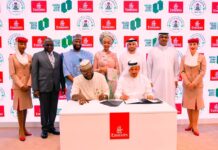Abiola Abdulkareem, Special Assistant to the Honourable Minister on Sub-National Development and Tourism, representing the Ministry, and Adil Al Ghaith, Emirates’ Senior Vice President, Commercial Operations, signing a Memorandum of Understanding to boost inbound tourism to Nigeria, in the presence of the Honourable Minister of Art, Culture, and the Creative Economy, Barr. Hannatu Musa Musawa, and Adnan Kazim, Emirates’ Deputy President and Chief Commercial Officer, alongside other stakeholders and senior officials. The agreement was signed at the Arabian Travel Market 2025 in Dubai on 30th April 2025.