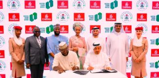 Abiola Abdulkareem, Special Assistant to the Honourable Minister on Sub-National Development and Tourism, representing the Ministry, and Adil Al Ghaith, Emirates’ Senior Vice President, Commercial Operations, signing a Memorandum of Understanding to boost inbound tourism to Nigeria, in the presence of the Honourable Minister of Art, Culture, and the Creative Economy, Barr. Hannatu Musa Musawa, and Adnan Kazim, Emirates’ Deputy President and Chief Commercial Officer, alongside other stakeholders and senior officials. The agreement was signed at the Arabian Travel Market 2025 in Dubai on 30th April 2025.