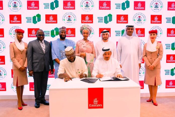 Ministry of Art and Culture Partners Emirates Abiola Abdulkareem, Special Assistant to the Honourable Minister on Sub-National Development and Tourism, representing the Ministry, and Adil Al Ghaith, Emirates’ Senior Vice President, Commercial Operations, signing a Memorandum of Understanding to boost inbound tourism to Nigeria, in the presence of the Honourable Minister of Art, Culture, and the Creative Economy, Barr. Hannatu Musa Musawa, and Adnan Kazim, Emirates’ Deputy President and Chief Commercial Officer, alongside other stakeholders and senior officials. The agreement was signed at the Arabian Travel Market 2025 in Dubai on 30th April 2025.