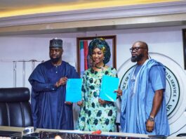 Audu Maikori, Chairman, Chocolate City Group (left); Barr. Hannatu Musa Musawa, Honourable Minister of Art, Culture, Tourism and the Creative Economy (center); and Paul Okeugo, Vice Chairman, Chocolate City Group (right), at the signing of an MoU to develop infrastructure critical to Nigeria's creative industry in Abuja on Thursday.