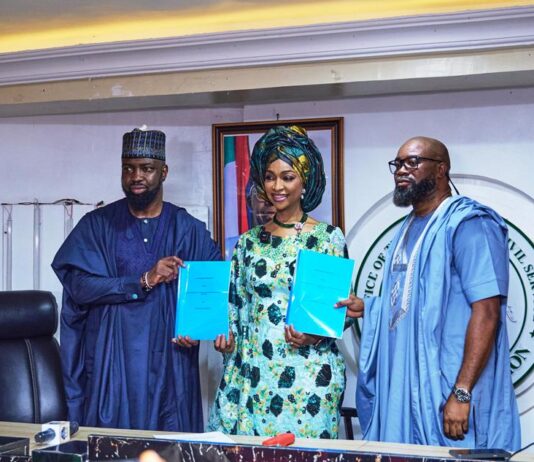 Audu Maikori, Chairman, Chocolate City Group (left); Barr. Hannatu Musa Musawa, Honourable Minister of Art, Culture, Tourism and the Creative Economy (center); and Paul Okeugo, Vice Chairman, Chocolate City Group (right), at the signing of an MoU to develop infrastructure critical to Nigeria's creative industry in Abuja on Thursday.