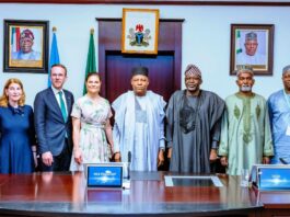 Vice President Kashim Shettima (middle), HRH Crown Princess Victoria of Sweden (3rd from left); Minister for Infrastructure and Housing in Sweden, Andreas Carlson (2nd from left); Ambassador of Sweden to Nigeria, Annika Hahn-Englund (far left); Deputy Chief of Staff to the President (Office of the Vice President), Sen. Ibrahim Hassan Hadejia (3rd from right); and Minister of Foreign Affairs, Amb. Yusuf Tuggar (2nd from right) and Amb Temitope Elias-Fatile (far right) during a meeting between the Vice President of Nigeria and Crown Princess Victoria of Sweden at the Presidential Villa, Abuja on Monday, (07/04/2025).