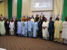 From 6th Left: Ibrahim Natagwandu, Technical Adviser to the Vice President on Public Debt and Revenue Mobilisation, RMAFC Chairman, Dr. M. B. Shehu OFR, Akwa Ibom State Governor, Pastor Umoh Eno Bassey; Former Minister of Finance, Shamsudeen Usman; 5th right, Chairman, Senate Committee on National Planning and Economic Affairs, Sen. Yahaya Abdullahi; 4th right; Former RMAFC Chairman, Engr. Elias; 1st right, Secretary to the Commission, Engr. Joseph Okechukwu Nwaze and other dignitaries at the occasion.