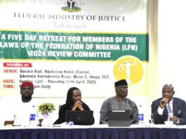 Honourable Attorney General of the Federation and Minister of Justice, Lateef Fagbemi, SAN, Committee Chairman on Review , Revision and Consolidation of Laws of the Federation of Nigeria (LFN), Mr. Olawale Fapohunda, LFN. Reviewer, Balkisu Saidu and Deputy Chairman House Committee on Justice, Hon. Bar Sunday Cyriacus Uneha at the Retreat for Members , in Abuja 14/4/2025