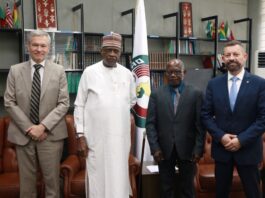 European Union Ambassador to Nigeria, Ambassador Gautier Mignot; Minister of Police Affairs, Senator Ibrahim Gaidam; ECOWAS Commissioner for Political Affairs, Peace and Security, Ambassador Abdel Fatau Musa receiving and INTERPOL, Executive Director Police Services, Cyril Gouduring the official handing over ceremony of WAPIS Programme at the ECOWAS Secretariat Asokoro, Abuja