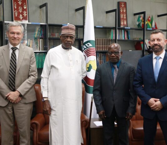 European Union Ambassador to Nigeria, Ambassador Gautier Mignot; Minister of Police Affairs, Senator Ibrahim Gaidam; ECOWAS Commissioner for Political Affairs, Peace and Security, Ambassador Abdel Fatau Musa receiving and INTERPOL, Executive Director Police Services, Cyril Gouduring the official handing over ceremony of WAPIS Programme at the ECOWAS Secretariat Asokoro, Abuja