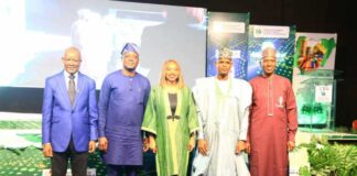 (From Left) The Hon. Min. of State for Industry, FMITI, Sen. John Owan Enoh, the Executive Governor of Lagos State, Represented by the Perm. Sec., Lagos State Ministry of Commerce, Cooperatives, Trade and Investment , Dr. Olugbemiga Ayoola Aina, the Hon. Min. of Trade and Investment, FMITI, Dr. Jumoke Oduwole, the Hon. Min. of State for Works, Barr. Bello M. Goronyo, and the Perm. Sec. FMITI, Amb.Nura Abba Rimi , in a group photograph during the closing ceremony of the 16th meeting of the National Council on Industry, Trade and Investment held in Lagos.