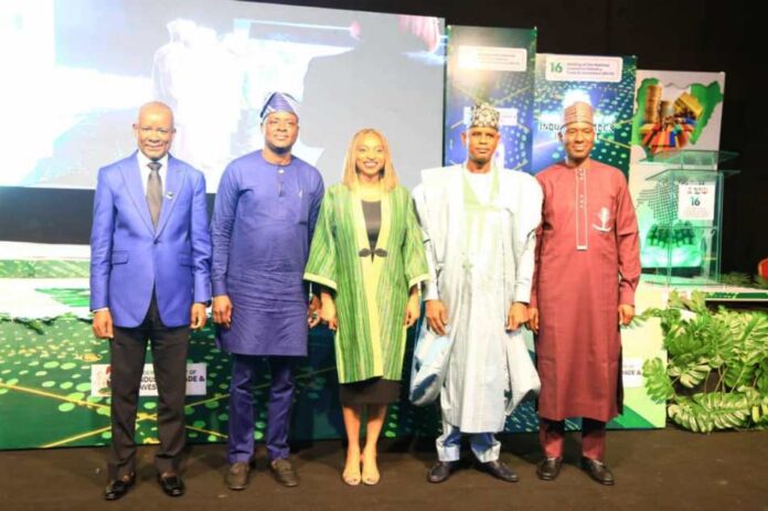 16th meeting of the National Council on Industry, Trade and Investment (From Left) The Hon. Min. of State for Industry, FMITI, Sen. John Owan Enoh, the Executive Governor of Lagos State, Represented by the Perm. Sec., Lagos State Ministry of Commerce, Cooperatives, Trade and Investment , Dr. Olugbemiga Ayoola Aina, the Hon. Min. of Trade and Investment, FMITI, Dr. Jumoke Oduwole, the Hon. Min. of State for Works, Barr. Bello M. Goronyo, and the Perm. Sec. FMITI, Amb.Nura Abba Rimi , in a group photograph during the closing ceremony of the 16th meeting of the National Council on Industry, Trade and Investment held in Lagos.