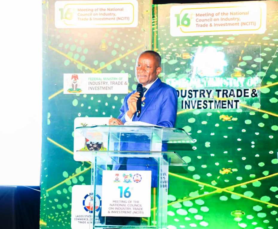 The Hon. Min. State for Industry, FMITI, Sen. John Owan Enoh, giving his opening remarks during the closing ceremony of the 16th meeting of the National Council on Industry, Trade and Investment held in Lagos.