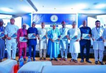 The Honourable Minister of Marine and Blue Economy, His Excellency Adegboyega Oyetola CON (6th from right); Permanent Secretary of the Federal Ministry of Marine and Blue Economy, Mr. Olufemi Oloruntola (5th from right) and heads of agencies under the Federal Ministry of Marine and Blue Economy at the signing of the 2025 Performance Bonds by the heads of government agencies under the Ministry in Abuja on Wednesday.