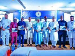 The Honourable Minister of Marine and Blue Economy, His Excellency Adegboyega Oyetola CON (6th from right); Permanent Secretary of the Federal Ministry of Marine and Blue Economy, Mr. Olufemi Oloruntola (5th from right) and heads of agencies under the Federal Ministry of Marine and Blue Economy at the signing of the 2025 Performance Bonds by the heads of government agencies under the Ministry in Abuja on Wednesday.
