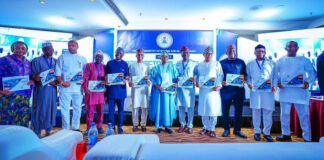 The Honourable Minister of Marine and Blue Economy, His Excellency Adegboyega Oyetola CON (6th from right); Permanent Secretary of the Federal Ministry of Marine and Blue Economy, Mr. Olufemi Oloruntola (5th from right) and heads of agencies under the Federal Ministry of Marine and Blue Economy at the signing of the 2025 Performance Bonds by the heads of government agencies under the Ministry in Abuja on Wednesday.