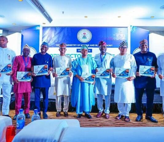 The Honourable Minister of Marine and Blue Economy, His Excellency Adegboyega Oyetola CON (6th from right); Permanent Secretary of the Federal Ministry of Marine and Blue Economy, Mr. Olufemi Oloruntola (5th from right) and heads of agencies under the Federal Ministry of Marine and Blue Economy at the signing of the 2025 Performance Bonds by the heads of government agencies under the Ministry in Abuja on Wednesday.