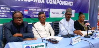 L-R: Allomasso Tchokponhoué, Regional Coordinator of the NB-ITTAS Project; Engr. Adeyinka Adenopo ( Representative of the Honourable Minister of Water Resources and Sanitation); Mr Zinsou Didier ( Representative of the Executive Secretary of NBA); Mrs. Angela Keyede (Representative of NBA Project Coordinator)