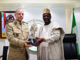 LtoR, Permanent Secretary, Federal Ministry of Art, Culture, Tourism and Creative Economy Dr Mukhtar Muhammad, Presenting a Gift to General Baouche Amrouche of Algeria War College