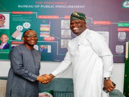 Director-General, BPP Dr. Adebowale A. Adedokun, FCIPS, ACFE; in a welcome handshake with his guest, Engr. Michael Oluwagbemi, the Program Director/Chief Executive Officer, Presidential Compressed Natural Gas Initiative (PCNGI).
