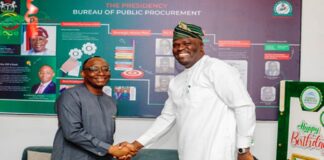 Director-General, BPP Dr. Adebowale A. Adedokun, FCIPS, ACFE; in a welcome handshake with his guest, Engr. Michael Oluwagbemi, the Program Director/Chief Executive Officer, Presidential Compressed Natural Gas Initiative (PCNGI).