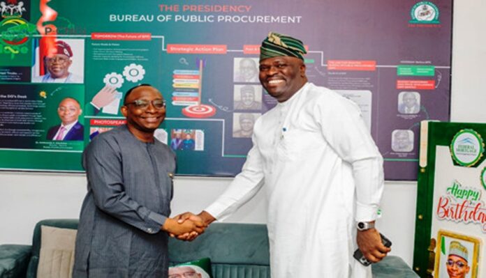 BPP Partners With pCNG Director-General, BPP Dr. Adebowale A. Adedokun, FCIPS, ACFE; in a welcome handshake with his guest, Engr. Michael Oluwagbemi, the Program Director/Chief Executive Officer, Presidential Compressed Natural Gas Initiative (PCNGI).