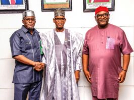 From R-L: A Group Photography after meeting with the Permanent Secretary, Engr. Olufunsho O. Adebiyi who is ably represented by Engr. Bede Uchechukwu Obioha, the Honourable Minister of State Works, Bello M. Goronyo, the CEO managing Director of Benin-Owena River Basin Development Authority (Federal Ministry of Water Resources and Sanitation) to day in Abuja 15th May, 2025