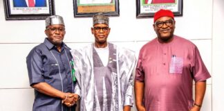 From R-L: A Group Photography after meeting with the Permanent Secretary, Engr. Olufunsho O. Adebiyi who is ably represented by Engr. Bede Uchechukwu Obioha, the Honourable Minister of State Works, Bello M. Goronyo, the CEO managing Director of Benin-Owena River Basin Development Authority (Federal Ministry of Water Resources and Sanitation) to day in Abuja 15th May, 2025