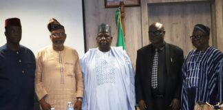 Secretary, Police Service Commission, Chief Onyebucji Nnamani, Commissioner DIG Taiyo Lakanu (Rtd) commissioner 11, Chairman Police Service Commission, DIG Hashimu Argungu (Rtd), Permanent Secretary, Dr Anuma Ogbonnaya Nlia, and Hon Justice Adamu Paul Galumje JSC (Rtd) commissioner 1 during Ministry of Police Affairs on a courtesy visit to the Chairman of the Police Service Commission at the Headquarters in Jabi, Abuja.