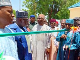 The Minister of State, Ministry Regional Development, Hon. Uba Maigari Ahamadu with the Borno State Governor, Prof. Eng Babagana Umara Zulum, MD NEDC, Muhammad G. Alkali and other dignitaries, during the commissioning and handling over of major projects executed by the North East Development Commission (NEDC) to Borno State Government.