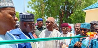 The Minister of State, Ministry Regional Development, Hon. Uba Maigari Ahamadu with the Borno State Governor, Prof. Eng Babagana Umara Zulum, MD NEDC, Muhammad G. Alkali and other dignitaries, during the commissioning and handling over of major projects executed by the North East Development Commission (NEDC) to Borno State Government.
