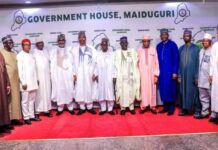Borno State Governor, Prof. Babagana Umara Zulum, and the Minister of State,Ministry of Regional Development, Hon. Uba Maigari Ahamadu, Chairman House Committee on NEDC, NEDC Chairman/Board Members and MD NEDC in a group photograph with other dignitaries at the courtesy call on the Governor in Maiduguri, Borno State Capital